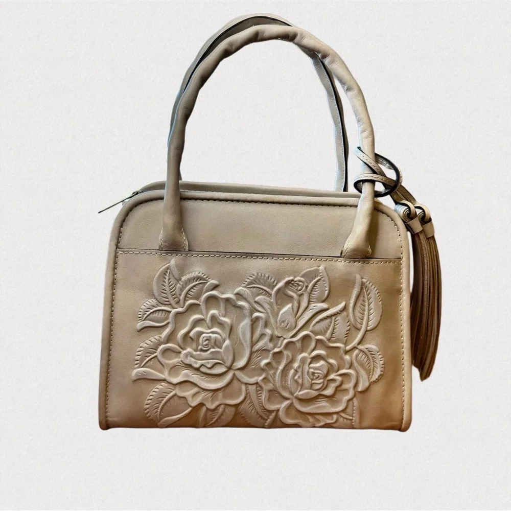 Patricia Nash Genovese Tooled Leather Top Handle Crossbody Chalk White EUC